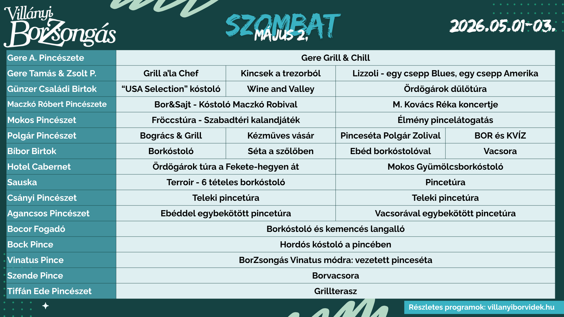 Villányi BorZsongás Fesztivál szombat program